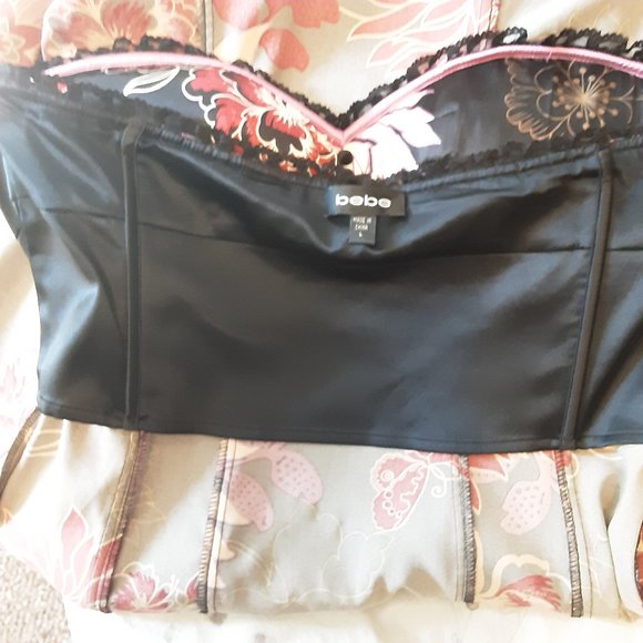 Bebe 100% Silk Black Pink Strapless Floral Flowy Dress Size Large - Picture 11 of 16